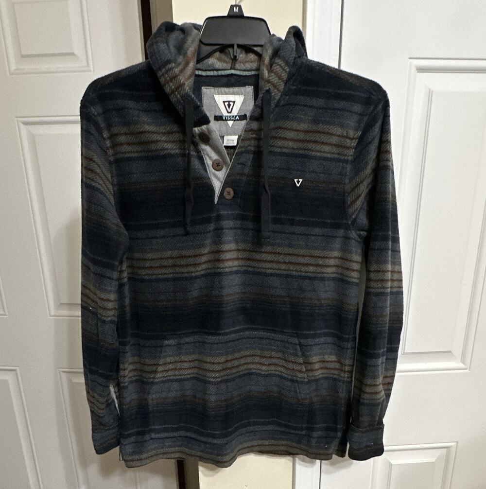 VISSLA Men’s M Hooded Fleece Pullover Pockets Striped Gray Blue Brown